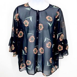 CAbi 5206 Black La Di Da Floral Ruffle Bell Sleeve Button Down Blouse Size XL